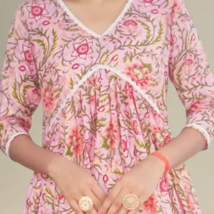 Pink flora printed Alia cut kurta with pant.