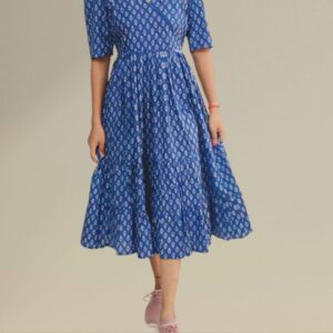 Blue flora printed knee length Dress